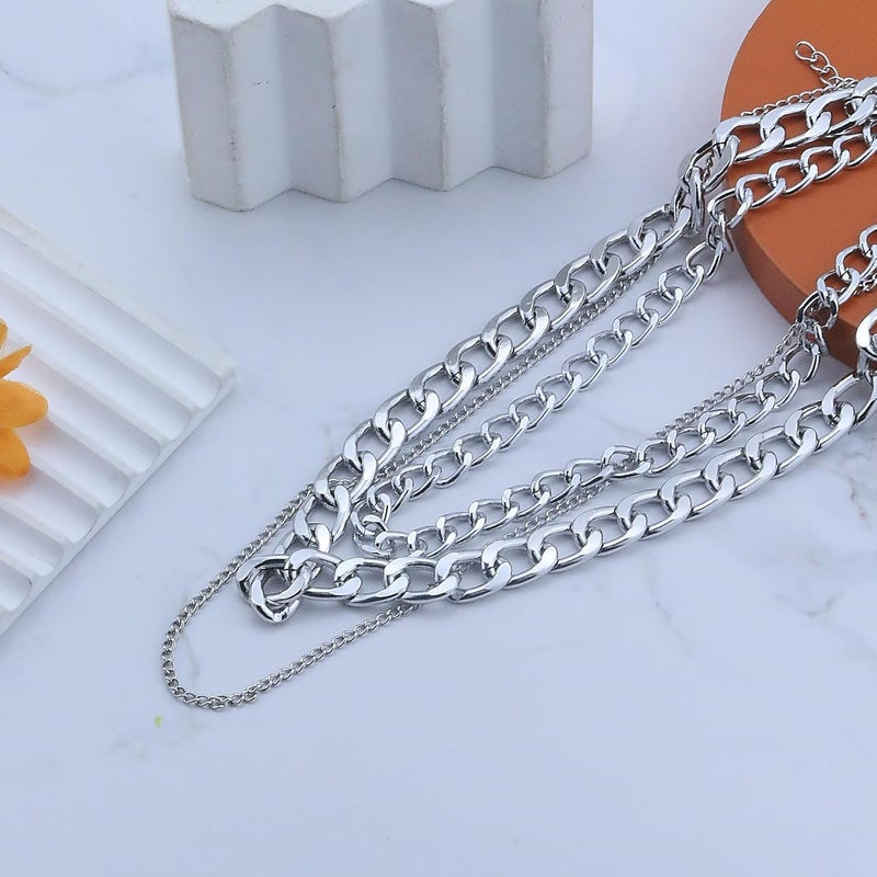 ANGLEQUEEN Chunky Silver Necklaces for Women Silver Layered Pirate Necklaces Punk 8090s Hip Hop Cuban Link Chain Necklace Layered Choker Necklace Pirate Prom Jewelry Freaknik Outfit Accessories - Image 5